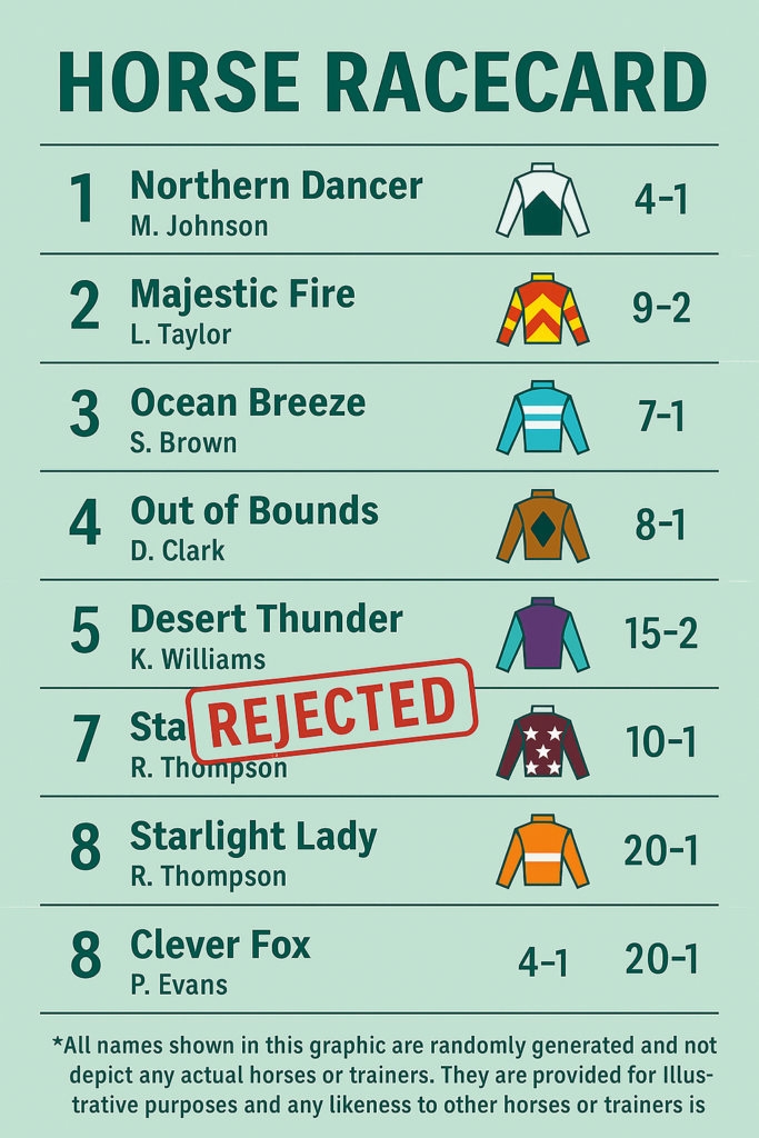 A graphic showing a horse racing racecard, with one of the names with a rejected stamp on top of it.