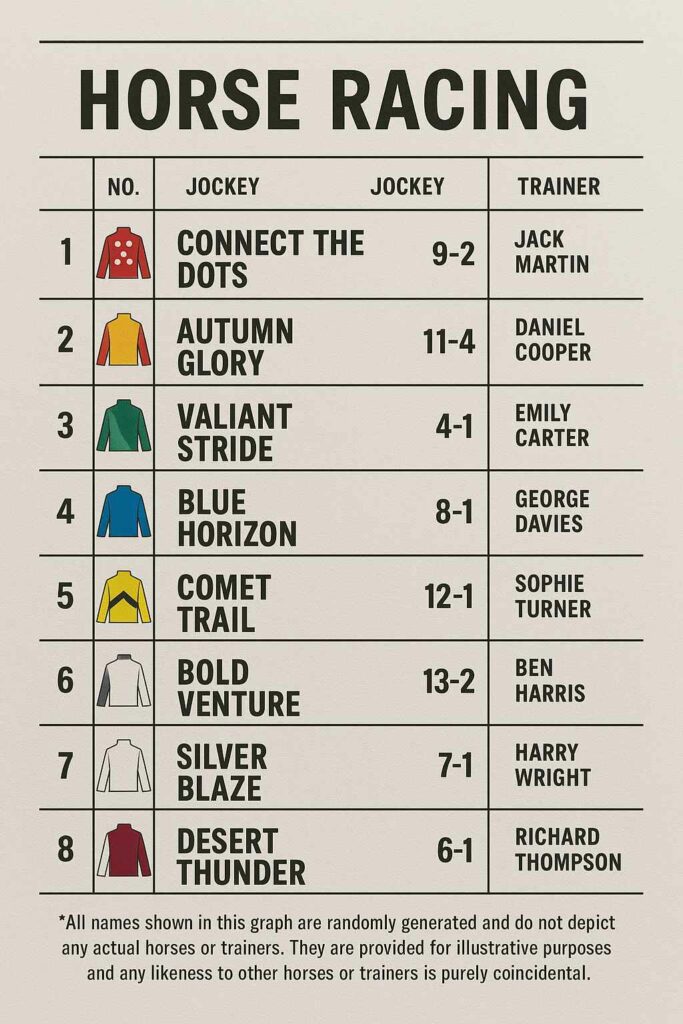 A graphic depicting a horse racing racecard showing various horse and trainer names.