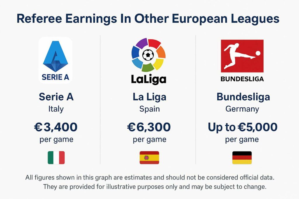 An infographic showing the estimated earnings of referees from the Italian, Spanish and German leagues.