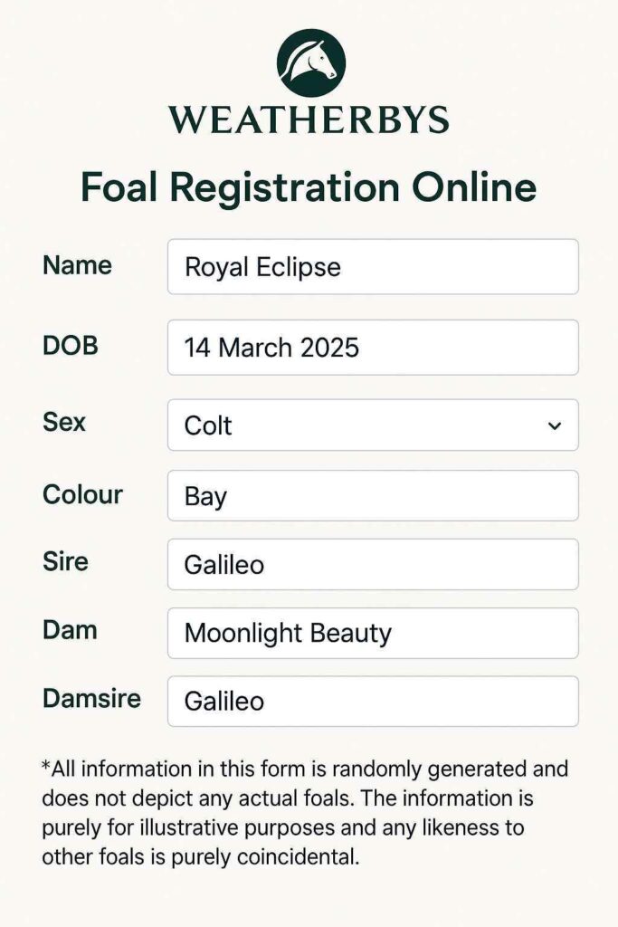 A graphic depicting a foal registration form from Weatherbys with the information filled in.