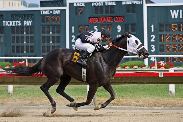 A photo of a jockey riding a horse in a race.