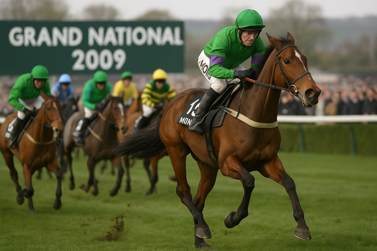 An AI generated image of Mon Mome in action during the 2009 Grand National.